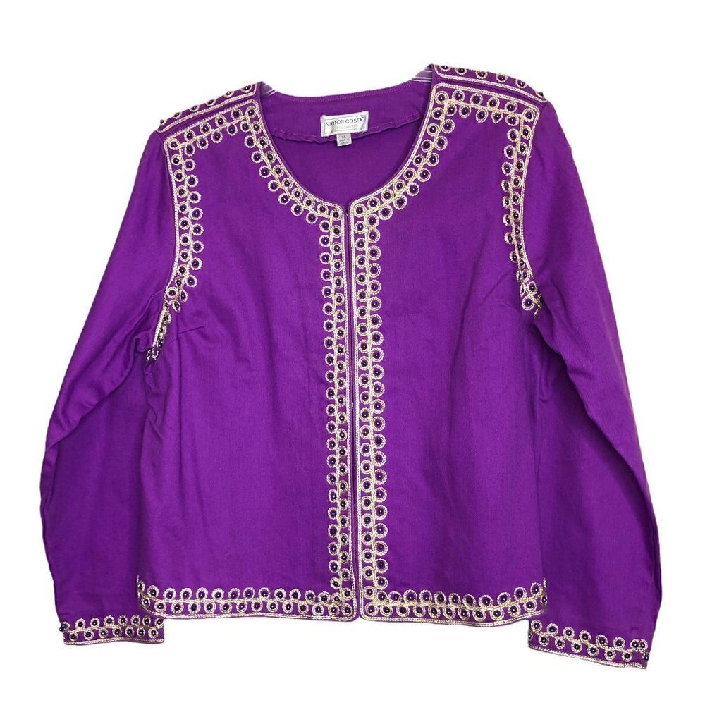 New Victor Costa Cotton Purple Beaded Jacket Metallic Gold Embroidery - Size XL